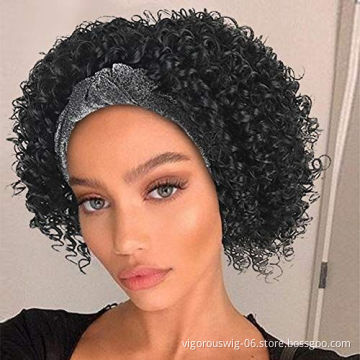 Headwrap Afro Fiber Cheap Wholesale Attached 1B Black Spring Curly Synthetic Hair Headband Wigs For Black Women